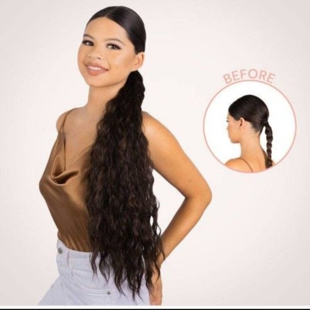 Dark brown synthetic wrap around corn wave ponytail hair extensions new open box